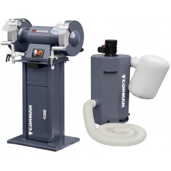 Lijadora industrial de doble disco CORMAK M300S con base y sistema de aspiración de virutas y limaduras de metal MDC750, 400 V