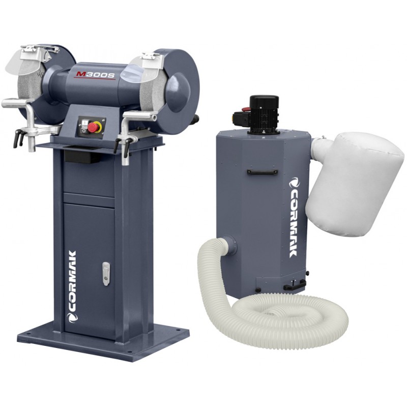 Lijadora industrial de doble disco CORMAK M300S con base y sistema de aspiración de virutas y limaduras de metal MDC750, 400 V