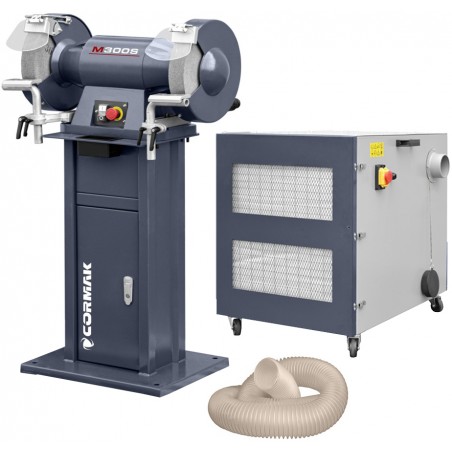 Amoladora industrial de doble disco CORMAK M300S con base y sistema de aspiración de virutas y limaduras de metal MDC1500, 400 V