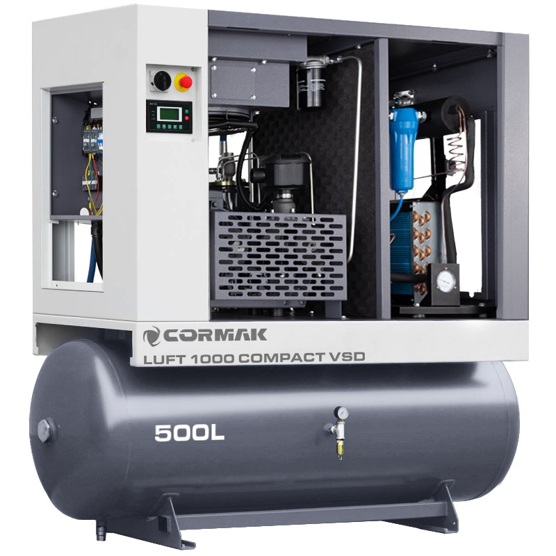 Compresor de tornillo con secador, variador de frecuencia y depósito de 500 l - LUFT 1000 VSD COMPACT 7,5 kW - 950 l/min