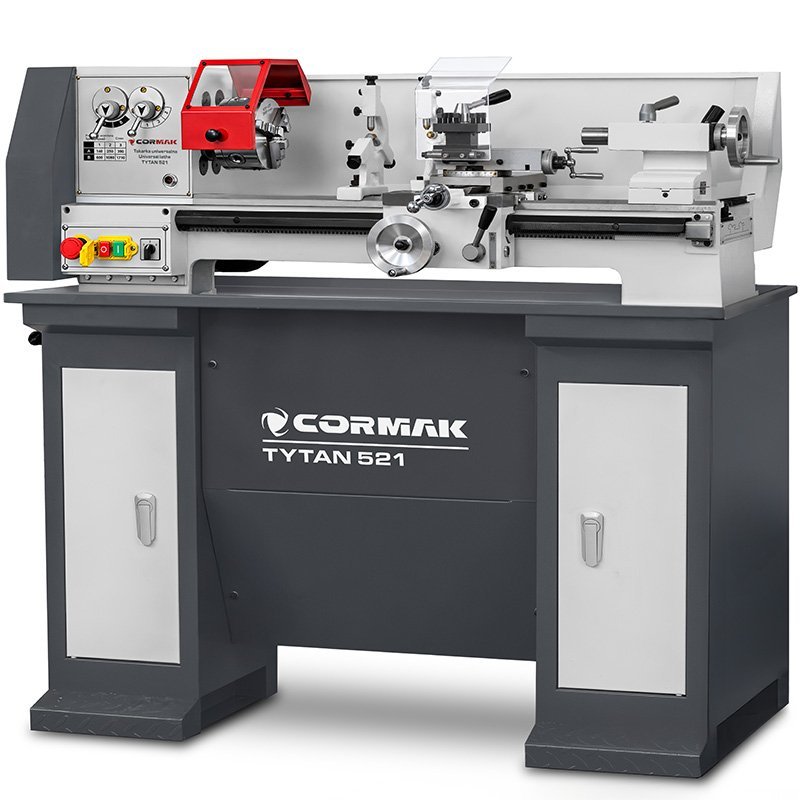 Torno universal convencional CORMAK TYTAN 210x520 230V + juego de herramientas de torneado + base