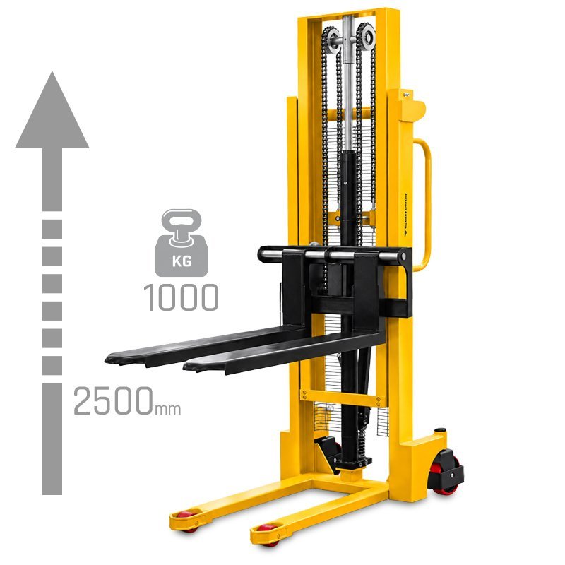 Transpaleta WRHS 1025 con horquillas regulables (capacidad de carga de 1000 kg, altura de elevación de 2500 mm)