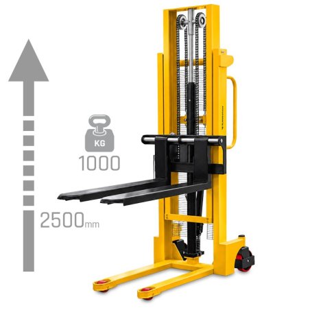 Transpaleta WRHS 1025 con horquillas regulables (capacidad de carga de 1000 kg, altura de elevación de 2500 mm)