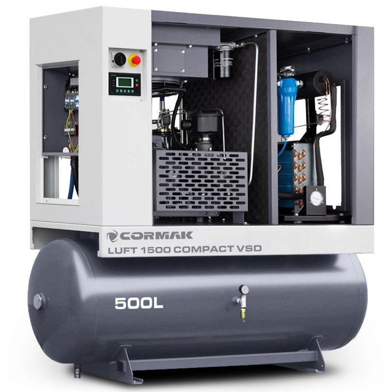 Compresor de tornillo con secador, variador de frecuencia VSD y depósito de 500 l - LUFT 1500 COMPACT 11 kW - 1580 l/min
