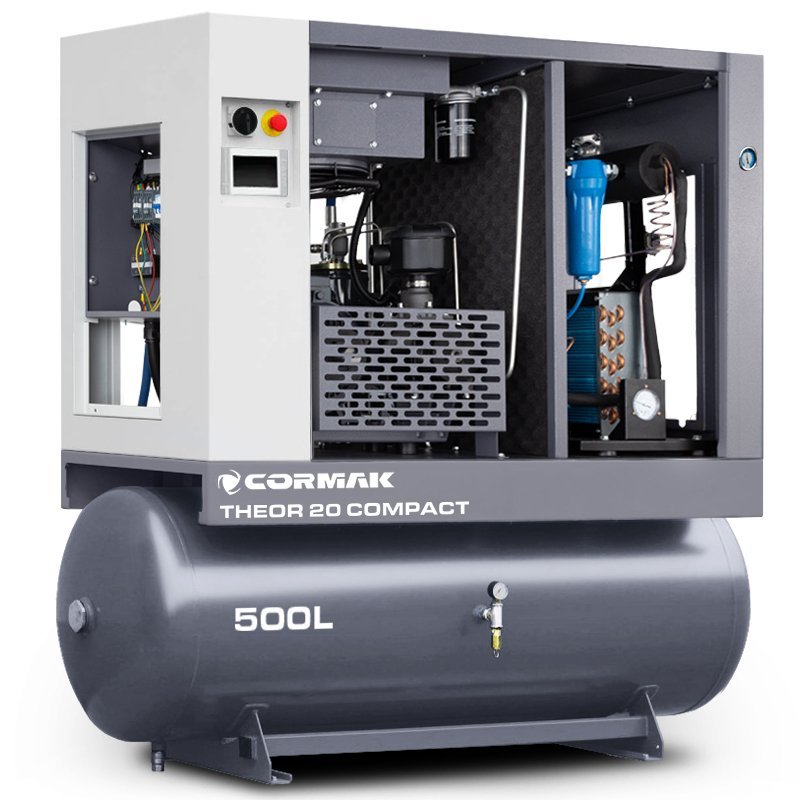Compresor de tornillo con secador, variador de frecuencia y depósito de 500 l - THEOR 20 COMPACT - 15 kW - 2000 l/min.